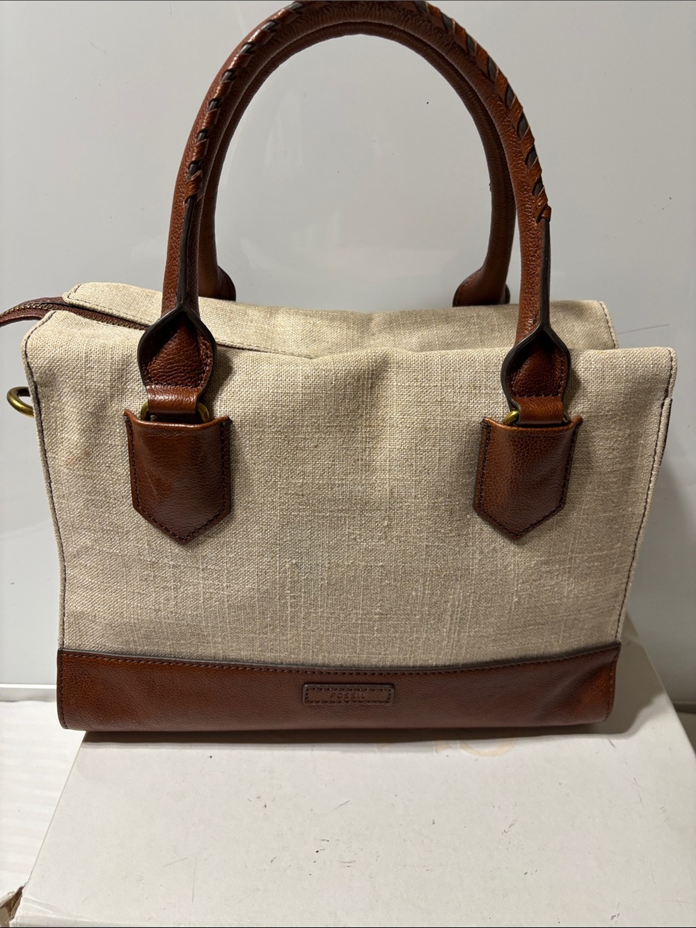 Fossil Brown Leather/canvas Bag with Tan Lining/equestrian rolled handle. EUC